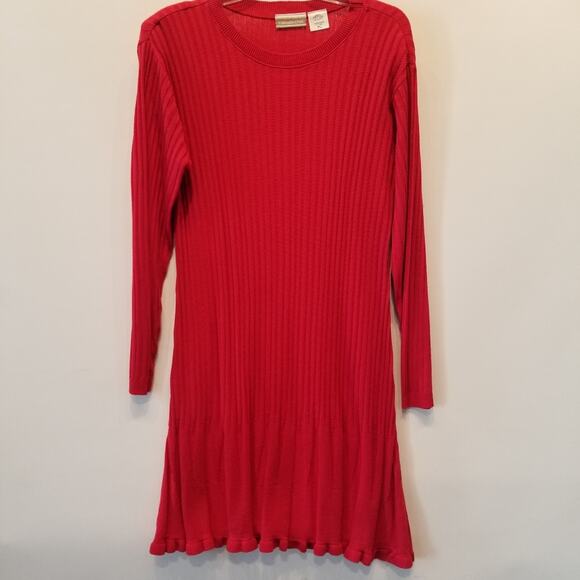 Red Knit Dress Vintage 90s Stretch Long Sleeve Round Neck Petites Women's Size L - Picture 3 of 12